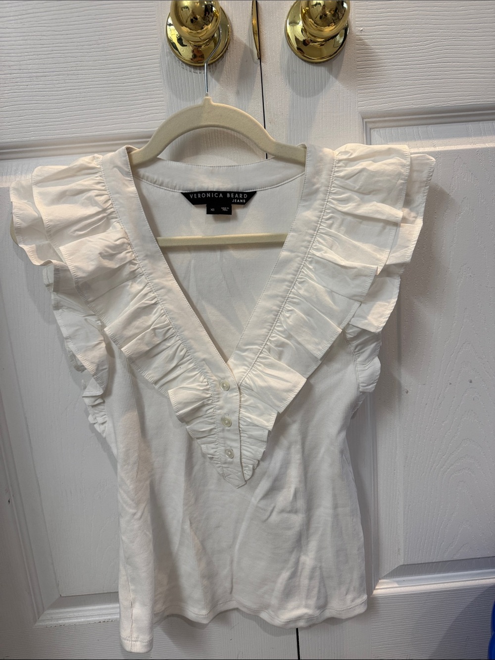 Veronica Beard White Ruffle V‑Neck Button Front Sleeveless Top